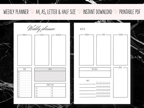 Weekly Planner Printable 7 Day Schedule Instant Download Etsy