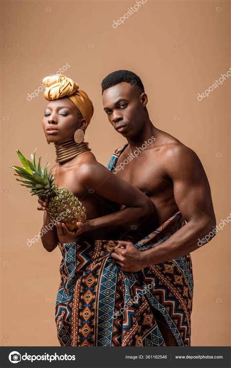 Sexy Naked Tribal Afro Woman Covered Blanket Posing Pineapple Man Stock