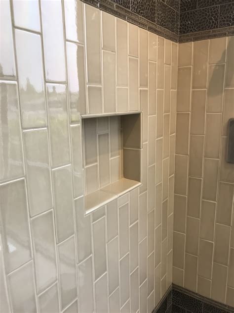 How to tile a shower with subway tile…start at the end. Pin by Kristin Goldthorpe on Shower master. | Flooring ...