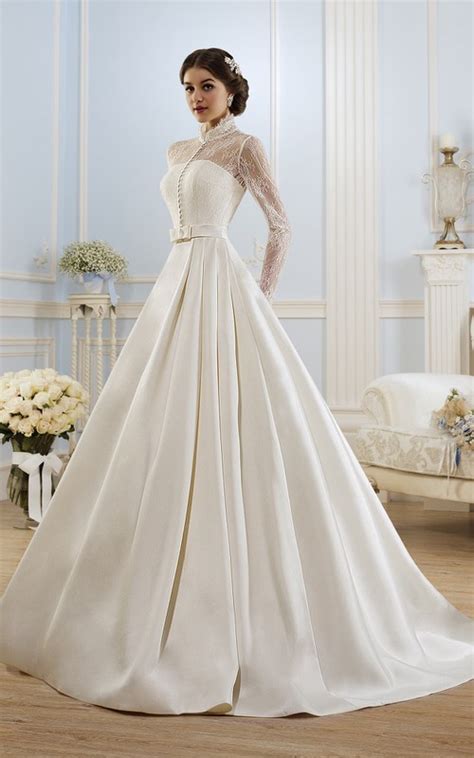 Ball Gown Long High Neck Long Sleeve Illusion Satin Dress With Lace Dorris Wedding