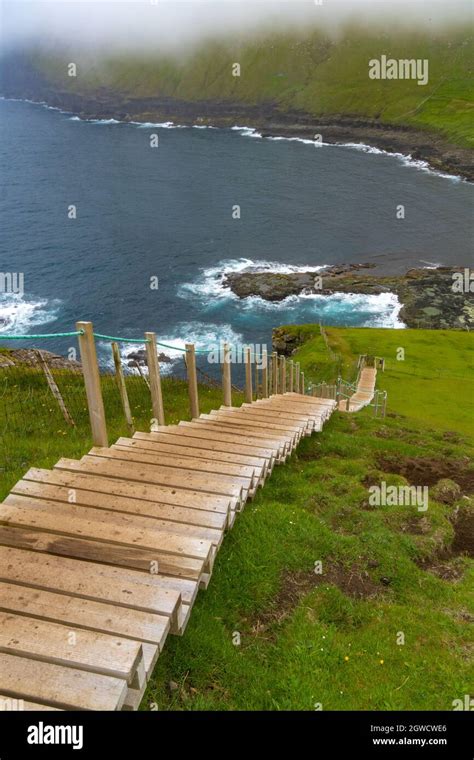 Steep Stairs At The Start Of The Cliff Hike In Gjógv Gorge Geo