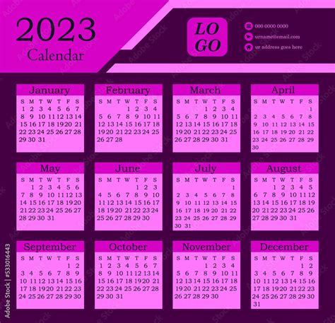 Pink Calendar 2023 Week Starts Sunday Corporate Design Calendar 2023