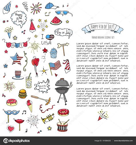 Hand Drawn Doodle Happy 4Th July Icons Set Vector Illustration — Stock