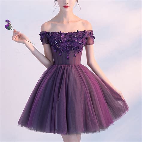 Cute A Line Purple Off Shoulder Short Prom Dress Homecoming Dress On
