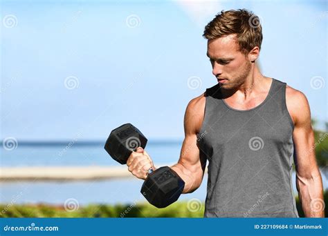 Bicep Curl Free Weights Training Fitness Man Outside Working Out Arms