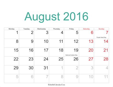 Free August 2016 Calendar Printable Template Printable Calendar 2016