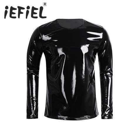 Iefiel Fashion Men Patent Leather Long Sleeve Zipper T Shirt Nightclub