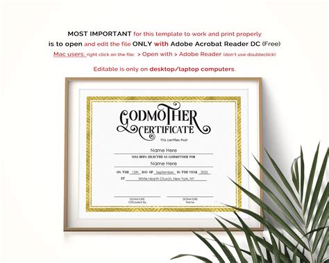 Editable Godmother Godfather Godparents Certificate Template Etsy