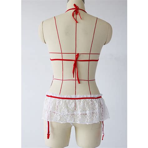 Flirty Sheer Lace Bikini Halter Bra Top And Mini Skirt Nurse Cosplay Lingerie Costume N19251