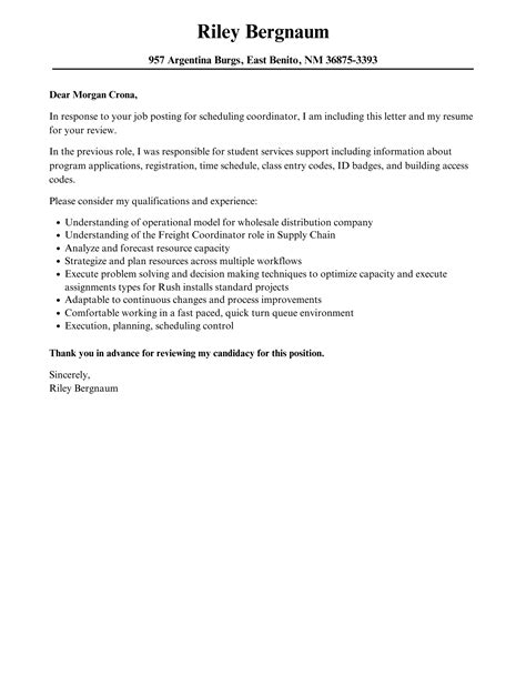 Scheduling Coordinator Cover Letter Velvet Jobs