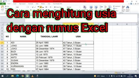 Cara Menghitung Usia Dengan Excel Youtube