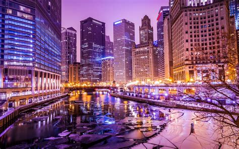 Cityscape Building Hdr River Ice Lights Chicago Wallpapers Hd