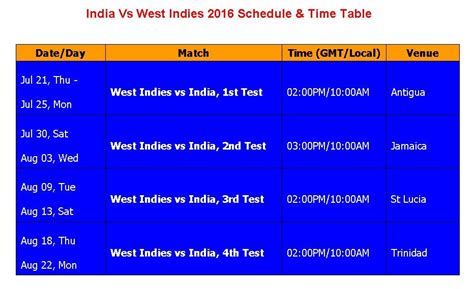 West indies and sri lanka are ready to face each other in the second test of this series which will begin this monday at north the weekdays' temperatures can be between 28°c and 23°c. Learn New Things: India Vs West Indies 2016 Schedule ...