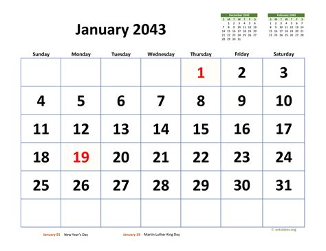 Monthly 2043 Calendar With Extra Large Dates