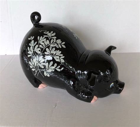 Ceramic X Large Black Piggy Bank W White Flowers F65 Etsy