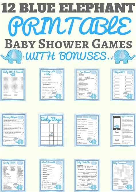 Free printable stationery, worksheets, invitations jungle baby shower is one of the most popular and easier to manage theme as you can easily get party these invitations show beautiful palm tree, an adorable bird, baby giraffe, baby elephant, a. Blue Elephant Baby Shower Printable Games - Print My Baby Shower | Baby shower printables, Blue ...