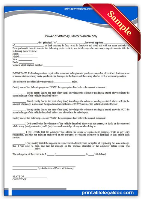Free Printable Power Of Attorney Motor Vehicle Only Form Generic