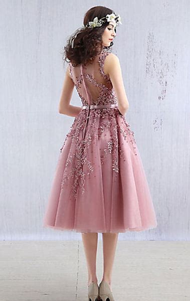 Macloth Midi Lace Tulle Cocktail Dress Dusty Pink Wedding Party Formal