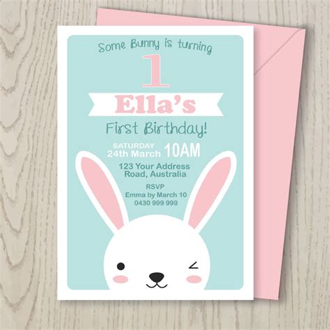 Bunny Rabbit Woodland Party Invitation For Kids Party 1st 2nd 3rd 4th