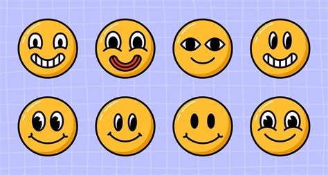 Vector Groovy Smile Faces Collection Cartoon Emoji Set In 70s Style On