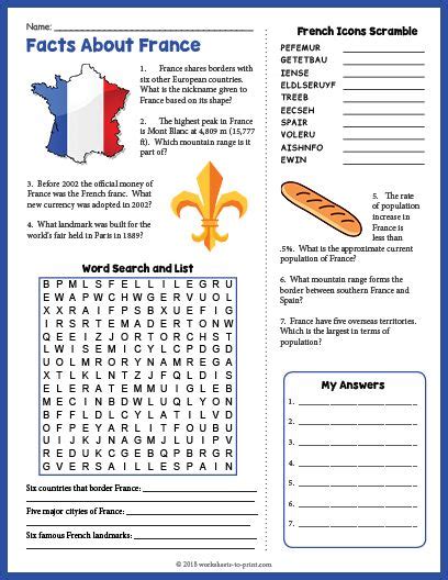 Free Printable Facts About France Geography Worksheet | Geography