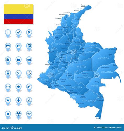 blue map of colombia administrative divisions with travel infographic icons stock vector