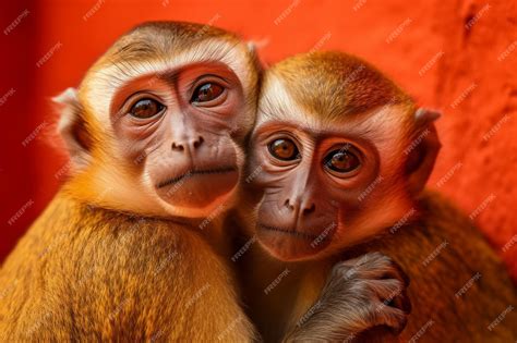 Premium Ai Image Two Monkeys Hugging Each Other With A Red Background