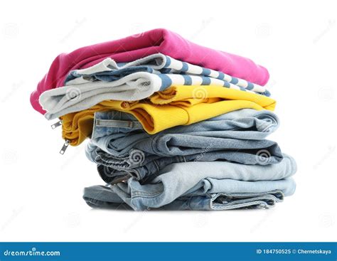Stack Of Folded Clothes Isolated Stock Image Image Of Garment Pants