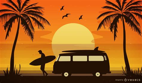 Tropical Beach Sunset Illustration Vector Download