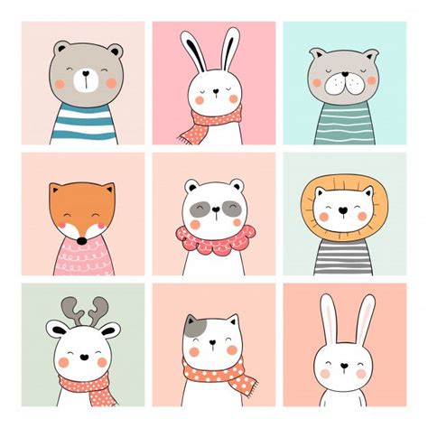 Premium Vector Draw Collection Cute Card Of Animal Doodle Cartoon