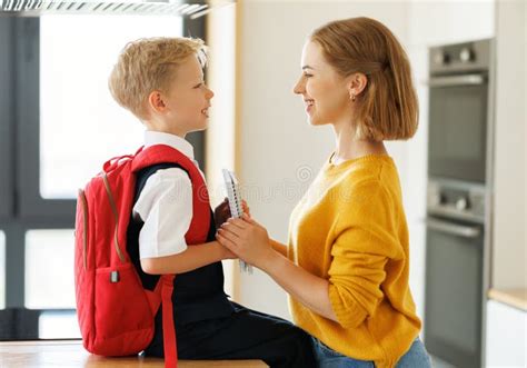 Mother Preparing Son For School Studies Stock Photo Image Of