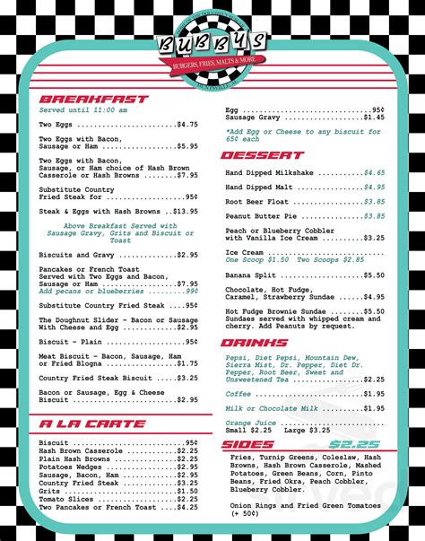 Bubby's Diner menus in Huntsville, Alabama, United States