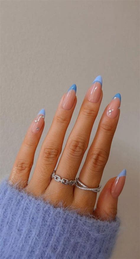 31 Cute Sky Blue French Tip Nails Almond Nails With Rhinestones 1