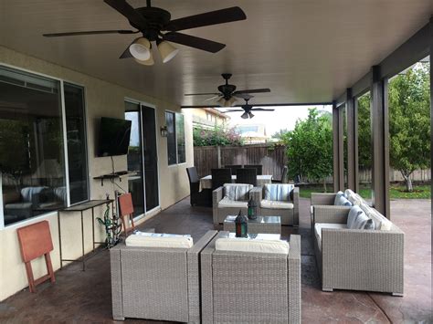You need that cool breeze on those balmy summer days, so it's up to you to switch out your fan for a better option. Alumawood Patio Cover. Solid Top. Three Ceiling Fans ...