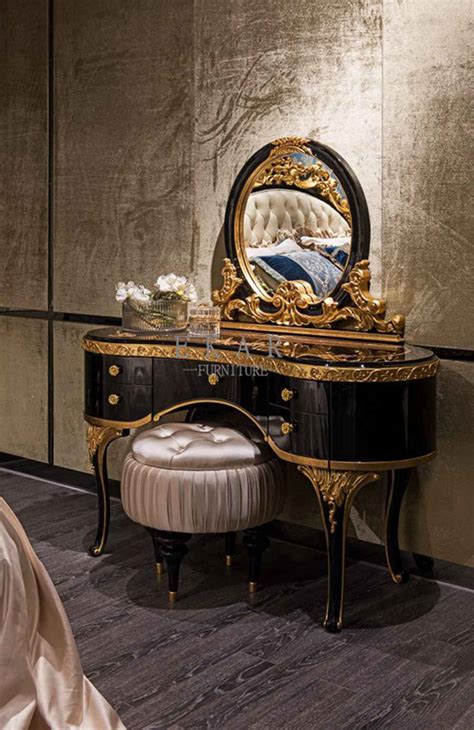 Durable wooden vanity table with mirror and backless seat. Black and Golden Wooden Mirrored Vanity Table with drawers ...