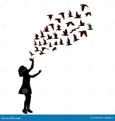 Silhouette Of A Girl With Birds Flying Stock Vector Illustration Of
