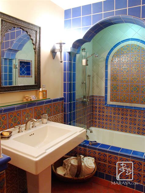 blue and copper toned tiles in this moroccan bath by maraya interior design malibu tiles in an