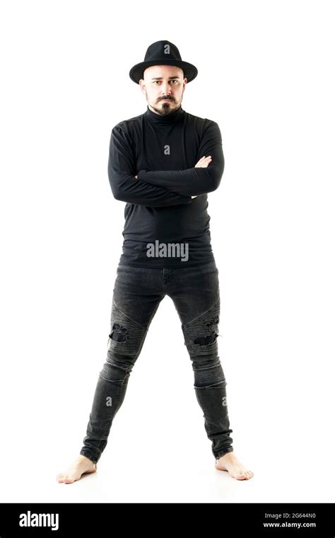 Confident Eccentric Unique Stylish Barefoot Man In Whole Black Clothes