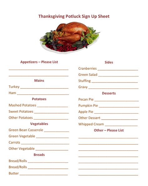 Soul food & vegan fare with cajun flavors such as jambalaya in new orleans, la. Potluck Sign Up Sheet Templates | Thanksgiving potluck ...