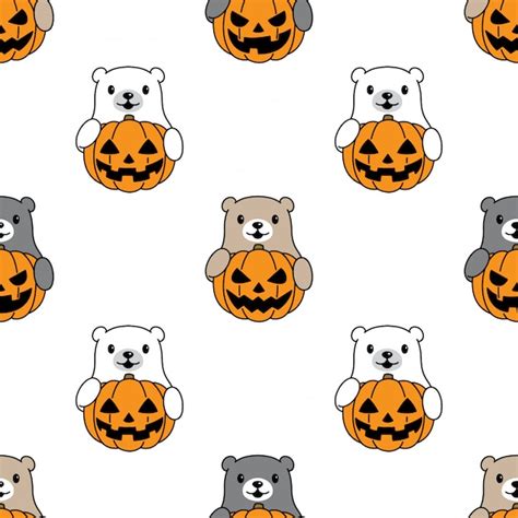 Urso Polar Sem Costura Padrão Halloween Abóbora Cartoon Vetor Premium