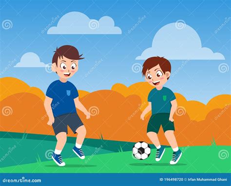 Boys Play Football Or Soccer On The Field Stock Vector Illustration
