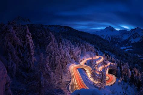 Time Lapse Photography Forest Landscape Mountain Night Road Snow Hd