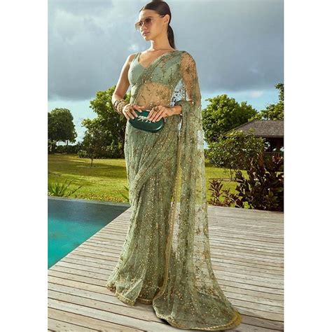 Saree Pista Green Mono Net Fancy Thread And Sequence Worked