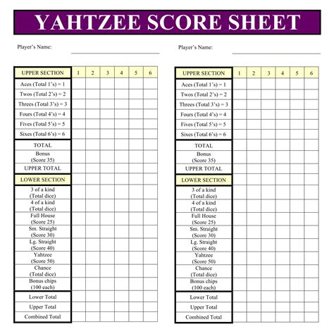 Printable Yahtzee Cards