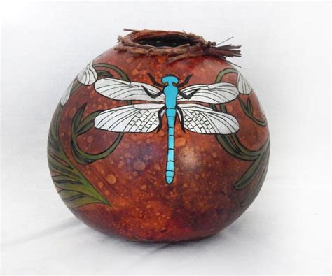 Dragonflies And Forest Ferns Gourd Bowl 1430 Hand Painted Gourds