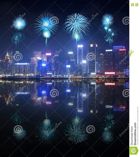Fireworks Festival Over Hong Kong City With Water