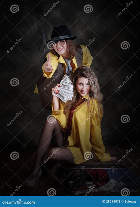Two Fashionable Girls Portrait In Gangster Style Stock Photo Image Of