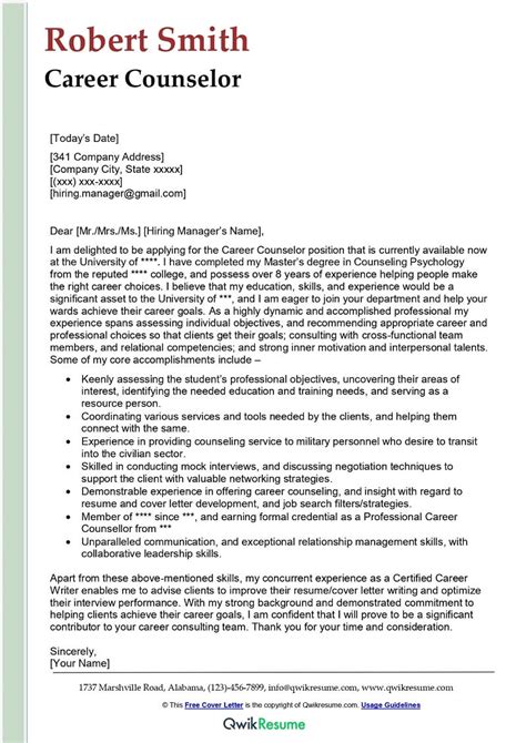 Career Counselor Cover Letter Examples Qwikresume