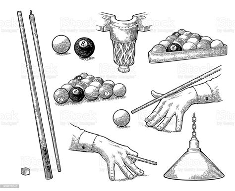 Set Billiard Stick Balls Chalk Pocket And Lampvintage Black Engraving