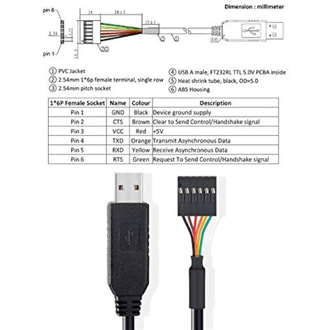 DTECH FTDI USB To TTL Serial 5V Adapter Cable 6 Pin 0 1 Inch Pitch